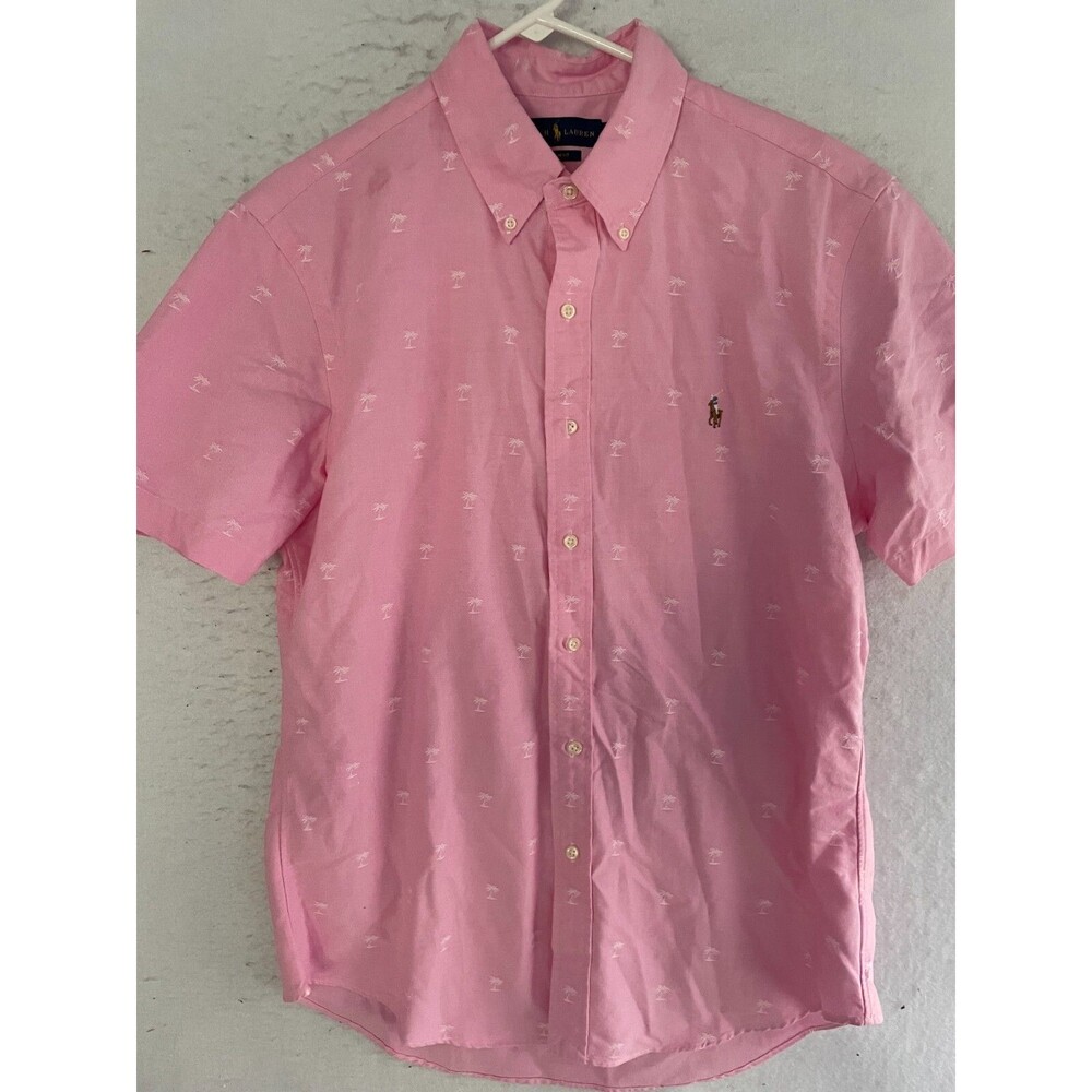 Polo Ralph Lauren Slim Fit Palm Tree Oxford Button Down Short Sleeve Shirt Pink